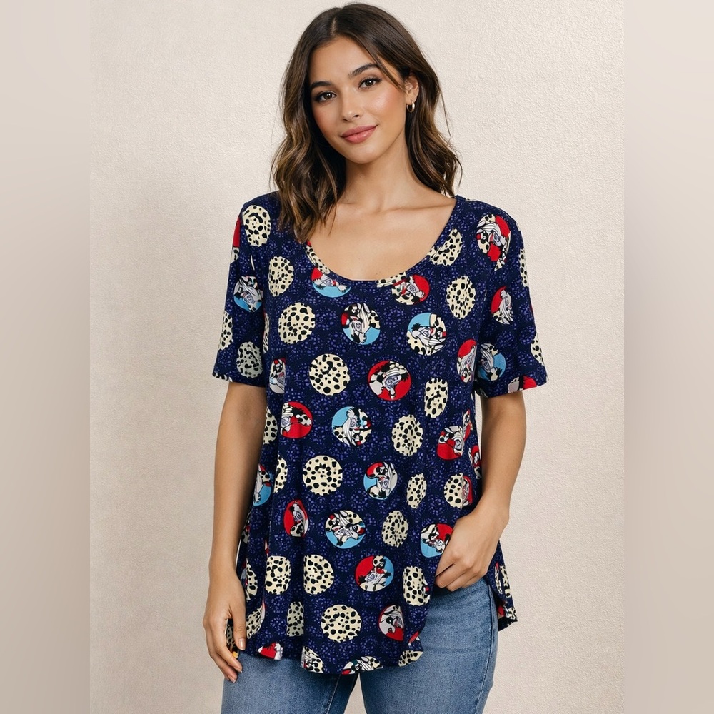 LuLaRoe x Disney 101 Dalmatians Print Short Sleeve Perfect T Tunic Top Sz M